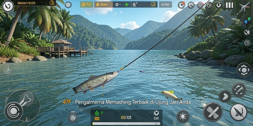 Screenshot menunjukkan gameplay memancing yang mendebarkan di 47F.