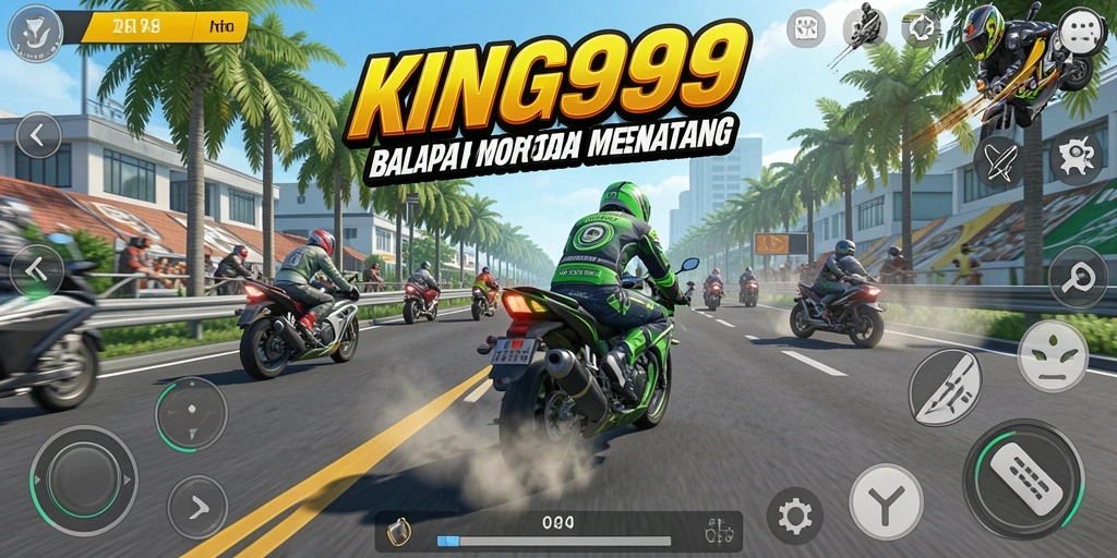 Gameplay KING999 dengan motor berkecepatan tinggi di lintasan seru.